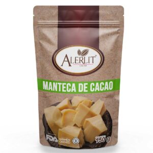 Manteca de cacao pura Alerlit en presentación de 150 gramos.